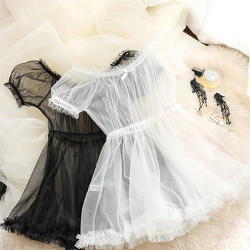 Женский прозрачный кружевной комплект нижнего белья, Черный, Белый, милая одежда для сна, сексуальная Милая ночная рубашка принцессы, пижамы, Эротический кролик