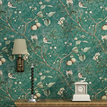Обои в американском кантри пасторальном стиле ретро ностальгическая гостиная спальня темно-зеленый цветок и птица ТВ фон стены