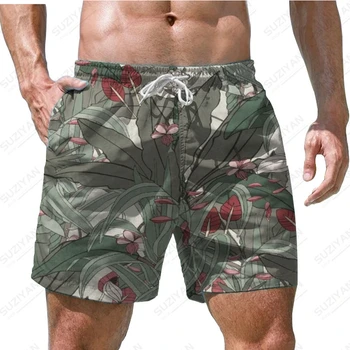 Забавные Гавайские пляжные шорты с 3D принтом зеленого растения, мужские спортивные повседневные пляжные шорты, Модные шорты для бега, дышащие, Большие размеры