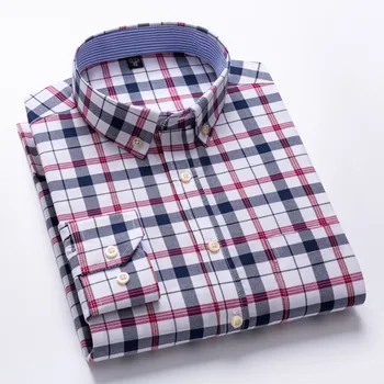 Повседневная мужская рубашка в оксфордскую клетку из 100% хлопка с длинным рукавом, большие размеры