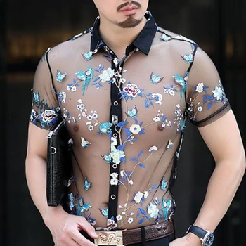 Мужские рубашки с кружевной вышивкой, Летний Новый Сексуальный прозрачный топ, мужская рубашка с коротким рукавом, модная повседневная одежда, блузки