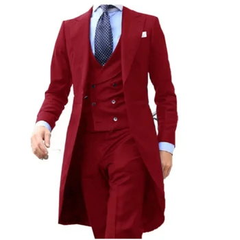 Красный Королевский Синий Длинный фрак, 3 предмета, Джентльменские мужские костюмы, Мужской Модный Смокинг Жениха для свадьбы, пиджак для выпускного вечера, жилет со штанами