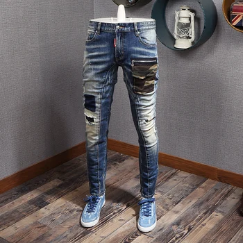 Мужская Уличная одежда в стиле ретро, Модные Синие Стрейчевые Облегающие Рваные джинсы, панк-брюки, Камуфляжные карманы, Дизайнерские джинсовые брюки в стиле хип-хоп