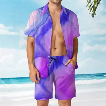 Комплект из 2 предметов, брючный костюм фиолетового и синего цветов с акварельным потоком, Высококачественный Мужской пляжный костюм с забавным графическим Рисунком Для отдыха, Размер Eur