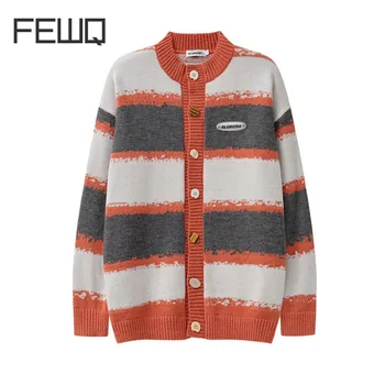 FEWQ Осень-зима, американский модный кардиган в полоску контрастного цвета с нерегулярными пуговицами, пара уличных модных свитеров X