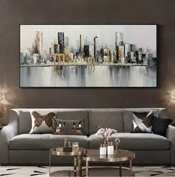 Бруклинский мост, холст, настенное искусство, Абстрактный городской пейзаж Нью-Йорка, картина маслом, ручная роспись на холсте, современная большая картина Манхэттена