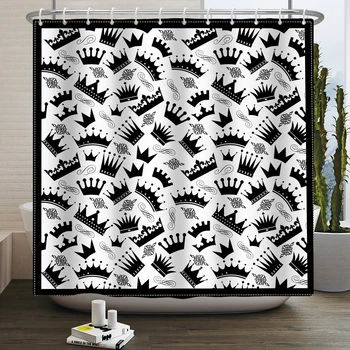 Черно-белая занавеска для душа с коронами, креативный дизайн, водонепроницаемая ткань, декор для ванной комнаты, Занавески для ванной включают крючки 180x240