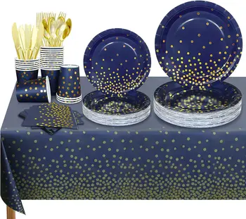 Набор праздничных тарелок и стаканчиков Синие Бумажные тарелки с золотыми точками Темно-синие Праздничные принадлежности для душа ребенка, Дня рождения, свадьбы, праздничного декора