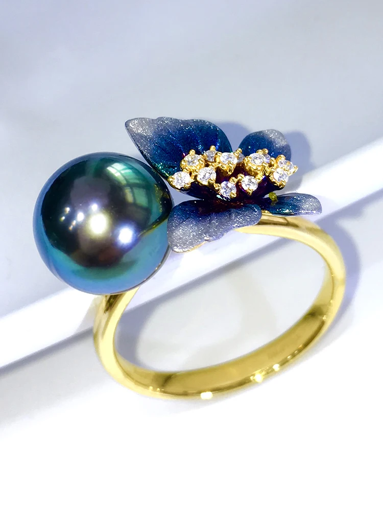 Кольцо с Черным Жемчугом Таити, Павлином, Зеленым Жемчугом Морской воды, Натуральное Круглое кольцо с бабочкой диаметром 9-10 мм, чрезвычайно яркое